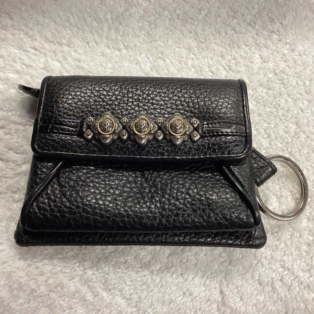 Brighton Black Pebbled Leather Coin Purse Keychain Ornate Silver Gold Hardware